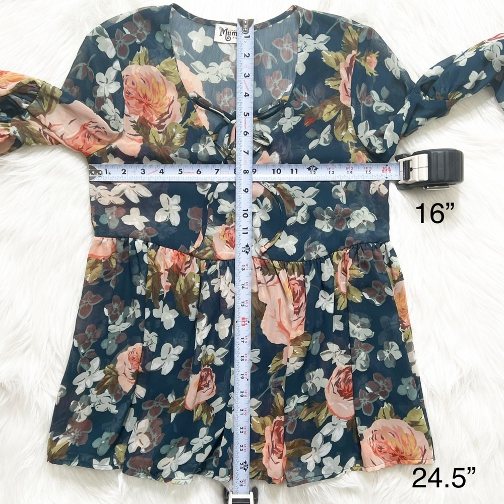 Show Me Your Mumu Teal Floral Tie Neck Bell Sleeve Ruffled Peplum Peasant Blouse - Picture 9 of 9